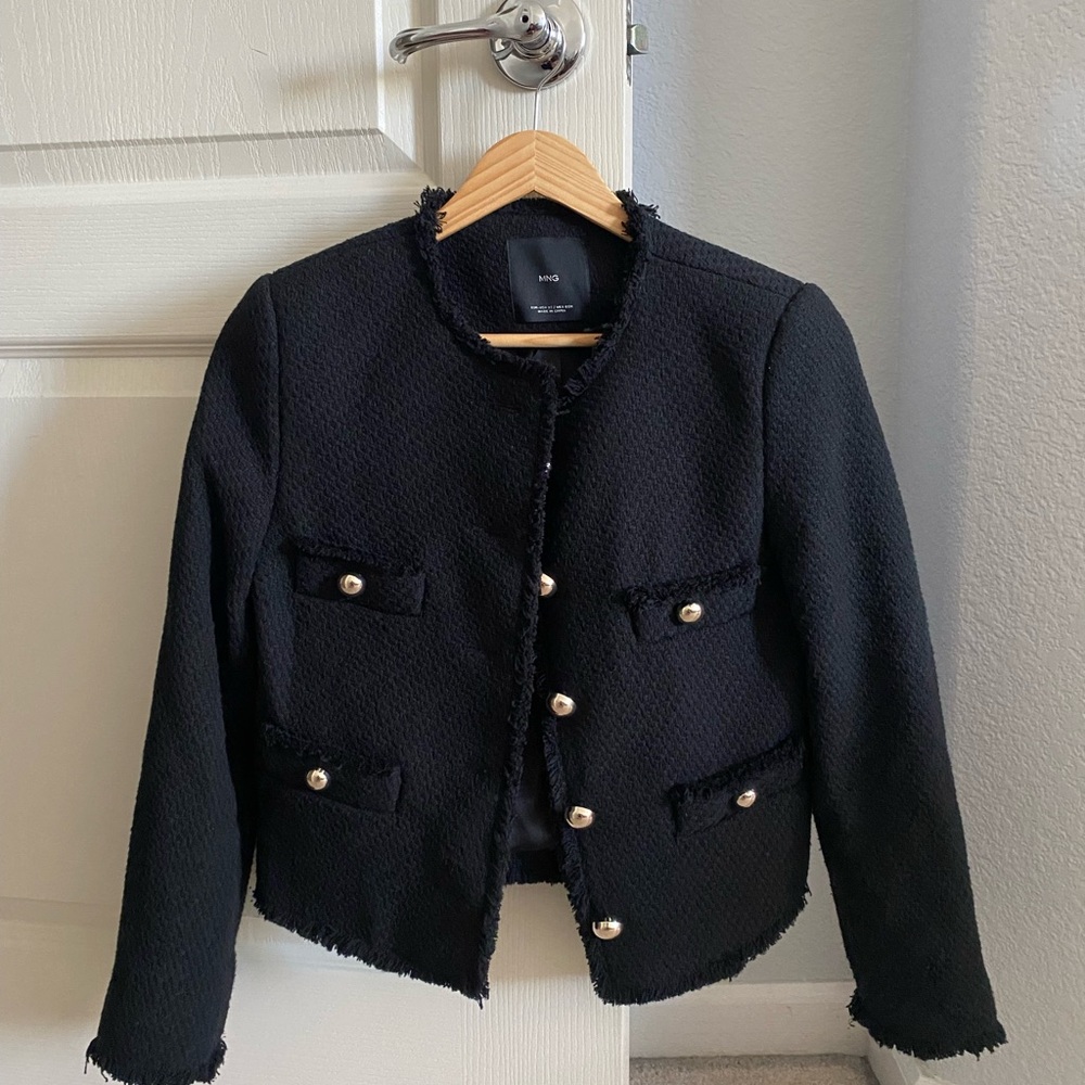 Mango Black Bouclé Tweed Button-Front Jacket